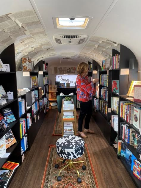 The inside of a airstream trailer turned into a bookstore Bookshop Café, Bookstore Design, Library Cafe, Mobile Library, Book Cart, Hangout Spot, Bookstore Cafe, Dream Library, Book Bar