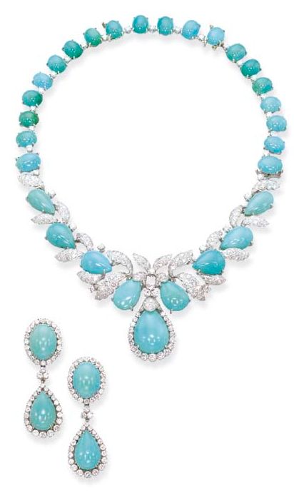 A TURQUOISE AND DIAMOND NECKLACE AND PAIR OF EAR CLIPS, BY DAVID WEBB  The foliate motif cabochon turquoise and diamond necklace also forming a pendent brooch and bracelet, with a matching pair of cluster ear clips with detachable pendants, mounted in platinum and 18k white gold, circa 1955, necklace 38.0 cm long, brooch 5.2 cm long, bracelet 17.0 cm long, ear pendants 5.2 cm long Signed Webb for David Webb Bijoux Art Deco, David Webb, Ear Clips, Turquoise Stones, Fabulous Jewelry, Stunning Jewellery, Dream Jewelry, Gorgeous Necklaces, Turquoise Jewelry