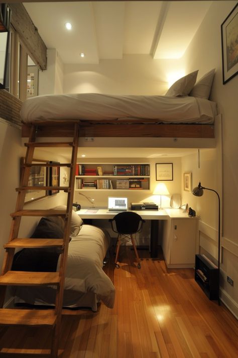 25 small, modern bedroom ideas for making the most use of your space. Mini Room Decor Small Spaces, Aesthetic Tiny Room Ideas, Minimalist Bedroom Loft Bed, Small Room With Queen Bed Loft, Tiny House Bedroom Loft Beds, Tiny Studio Apartment Ideas Compact Living Loft Beds, Loft Bed Minimalist Small Spaces, Aesthetic Bedroom Ideas For Small Rooms, Tiny Dorm Room Ideas