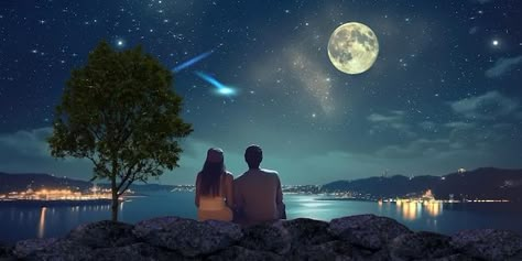 Photo couple sitting on a rock watching ... | Premium Photo #Freepik #photo #relationship #lovers #moon-background #mountain-night Lofi Thumbnail, Photo Relationship, 16 9 Backgrounds, Couple Cartoon Pictures, 16:9 Backgrounds, Free Facebook Cover Photos, Thumbnail For Youtube, Watching The Moon, Lovers Images