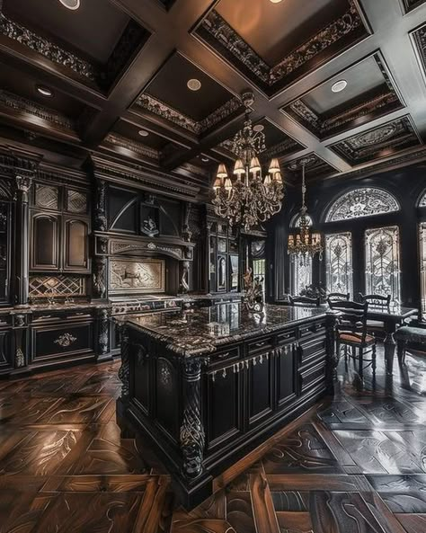 Luxury Classic Kitchen, Gothic Victorian House Interior, Gothic Home Interior, Gothic Victorian House, Ornate Kitchen, Mansion Kitchen, Open Living Room Design, House Bedroom Ideas, Kitchen Design Gallery