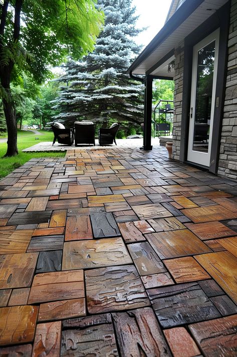 Interlocking tile patio flooring in a lush outdoor area with a seating arrangement, providing an affordable flooring inspiration for small outdoor spaces. Backyard Flooring Ideas, Cheap Patio Floor Ideas, Patio Flooring Ideas, Outdoor Vinyl Flooring, Outdoor Patio Flooring Ideas, Patio Floor Ideas, Outdoor Flooring Options, Outdoor Rubber Flooring, Outdoor Tiles Floor