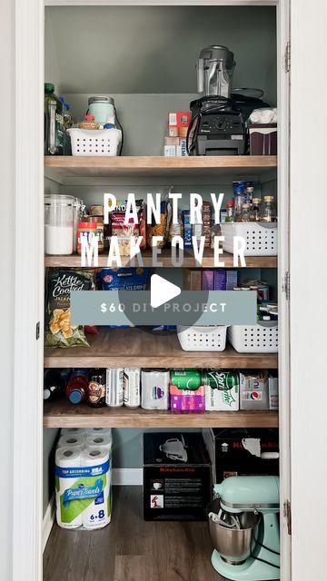 Amanda Vernaci | Come Stay Awhile on Instagram: "Our pantry was in desperate need of a makeover and for $60 I turned it into ✨ this ✨ . Sure, I could of gotten fancy clear containers to impress you BUT if I’m real… that just isn’t us. We will be lucky if we can keep it this clean for more than a few days 😂  . Materials: - 1 sheet of 1/2in sanded plywood - 2 1x2 pine - stain - paint . Easy peasy weekend project idea! What do you think?! So glad I decided to paint the ceiling! . . #pantryorganization #pantry #pantrygoals #pantrymakeover #homeorganization #diyhomeprojects #diyhome #diyhomeimprovement #ispyraddesign #floatingshelves #diyshelves #pantrystorage #organizationideas #homehacks #budgetfriendly" Pantry Shelving Paint Ideas, Pantry Cupboard Ideas Kitchen Organization Small Spaces, Food Pantry Makeover, Small Pantry And Cleaning Closet, Small Hallway Pantry, Wardrobe Turned Into Pantry, Pantry Paint Color Ideas, Update Small Pantry Closet, Closet Turned Pantry Ideas