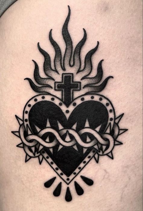 Traditional Tattoo Cross, Sacred Heart Tattoo Design, Heart Tattoo Ideas, Sacred Heart Tattoo, Heart Tattoo Design, Traditional Heart Tattoos, Traditional Black Tattoo, Sacred Heart Tattoos, Traditional Tattoo Sleeve