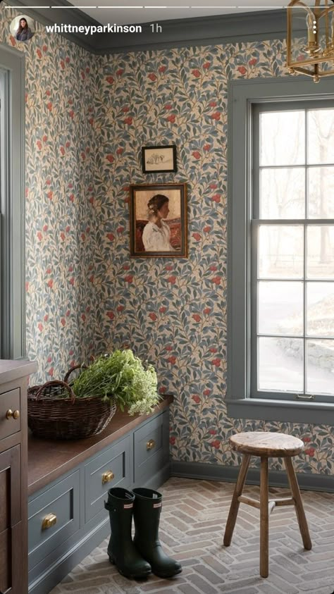 Whittney Parkinson Design, Whittney Parkinson, Classic American Home, Look Wallpaper, L Wallpaper, Mudroom Design, With Wallpaper, Brick Flooring, Boot Room