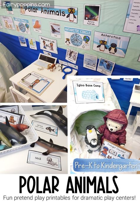 This polar animals dramatic play center is a fun way for kids to learn the Arctic, Arctic animals, Antarctica and Antarctic animals. #arcticanimals #antarcticanimals #arctic #antarctica #polardramaticplay #winterdramaticplay #igloodramaticplay #penguinactivities #pretendplay #dramaticplaycenter #pretendplaycenter #preschool #prek #kindergarten #dramaticplaycentre #dramaticplay Winter Discovery Center Preschool, Arctic Animal Dramatic Play, Arctic Dramatic Play, January Dramatic Play Preschool, Winter Dramatic Play Preschool, Antartica Animals, Polar Habitat, Winter Animals Preschool, Umbrella Project