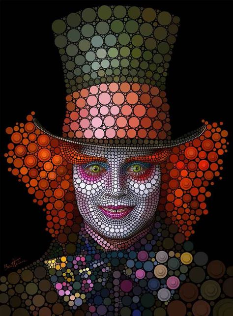 The Hatter, جوني ديب, Ben Heine, Tim Burton Movie, Mad Hatters, A Clown, Dot Art Painting, Circle Art, Celebrity Portraits