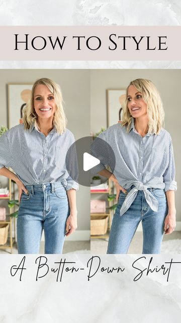 Katie Haller on Instagram: "Style Tip Tuesday!! 

I love button-down shirt, especially in spring. But styling them can be a bit tricky for some. 

Here are 2 ways I like to style my button-down shirts!

Comment LINK and I will send you the shopping details! 

Other ways to shop! 🛍️
• Download the free @shop.ltk app and search thriftywifehappylife for shopping details and sizing! 
• Go to the link page in my bio. Click on the “shop my LTK page” button.

#styletips #buttondownshirt #howtowearit #springstaples #springstyle #stripeshirt #howtostyle" Oversized Cotton Shirt Outfit, How To Tie My Button Up Shirt, Shirt Buttoning Hacks, Shirt Tying Hacks Button Up, Women Button Down Shirt Outfit Work, How To Tuck A Button Down Shirt Women, Belted Shirt Outfit, How To Tie Button Up Shirt, How To Style Black Shirt Women