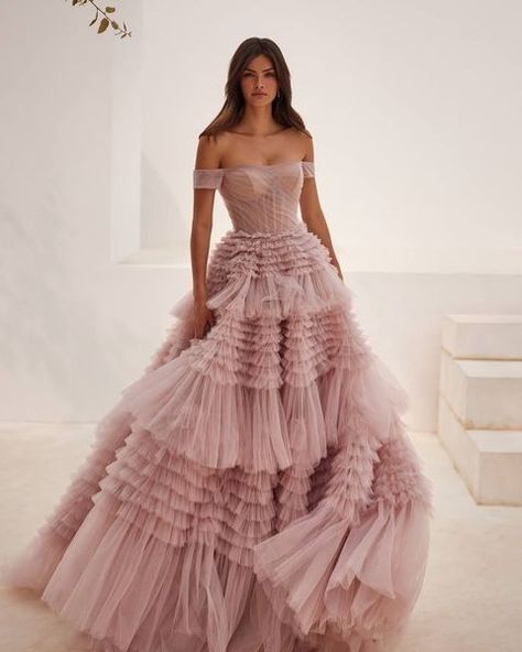 (20+) Facebook Layered Gown, Prom Dresses Off The Shoulder, Off Shoulder Evening Dress, Engagement Dresses, A Line Prom Dresses, Ball Gowns Prom, Evening Dresses Elegant, Pink Ruffle, Designer Gowns