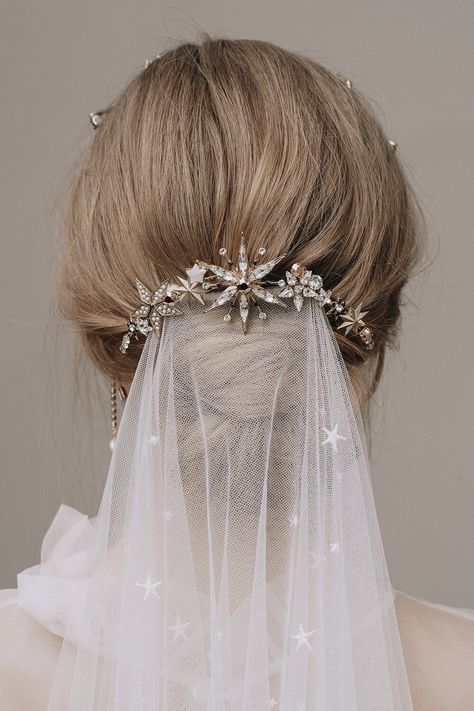 AURORA HAIR Piece by Tilly Thomas Lux Veil Clips Wedding Headpieces, Celestial Headpiece Wedding, Celestial Tiara Wedding, Celestial Wedding Hairstyles, Sparkly Wedding Hair, Celestial Bridal Hair, Star Veil Wedding, Celestial Wedding Hair, Celestial Accessories