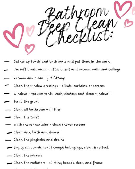 Home Cleaning & Organization Tips and Ideas | ***How To Deep Clean The Bathroom – grab our top to bottom cleaning checklist for really deep cleaning and organising the bathroom - checklist here ... | Facebook Bathroom Cleaning And Organization, How To Deep Clean Your Bathroom, How To Clean Your Bathroom, How To Clean A Bathroom, Bedroom Deep Clean Checklist, Deep Clean Room Checklist, How To Clean Bathroom, Clean Bathroom Checklist, Deep Cleaning Bathroom