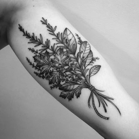 “Herbs#BangBangNYC ”                                                                                                                                                                                 More Cooking Tattoo, Herb Tattoo, Culinary Tattoos, Botanisches Tattoo, Chef Tattoo, Food Tattoos, Bouquet Tattoo, Back Of Shoulder Tattoo, Tattoos Inspiration