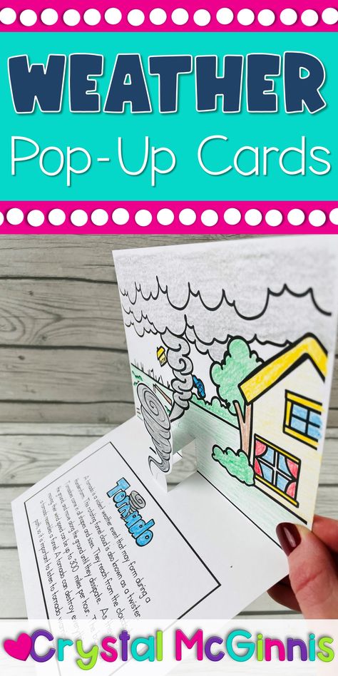 Your kids will love learning about the weather with these pop-up cards! You get 10 different pop-up cards that cover the topics of tornadoes, blizzards, clouds, rain, snow, fog, floods, hurricanes, and more! The cards come in two different designs. One design provides writing lines for your kids to write their own weather related information. The other design has a reading passage that provides your kids information about the weather topic. Weather Elementary, Tornado Craft, Preschool Sight Words Activities, Weather For Kids, Weather Activities For Kids, Reading And Writing Activities, Weather Lessons, Weather Activity, Weather Cards