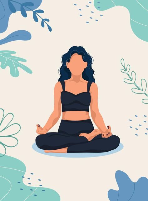 Meditation concept. Pretty yoga woman in lotus pose.  Flat cartoon vector illustration. Yoga Posses, Essential Yoga Poses, Yoga Cartoon, Yoga Drawing, Yoga Woman, Yoga Images, Meditation Poses, Yoga Illustration, Yoga Poster