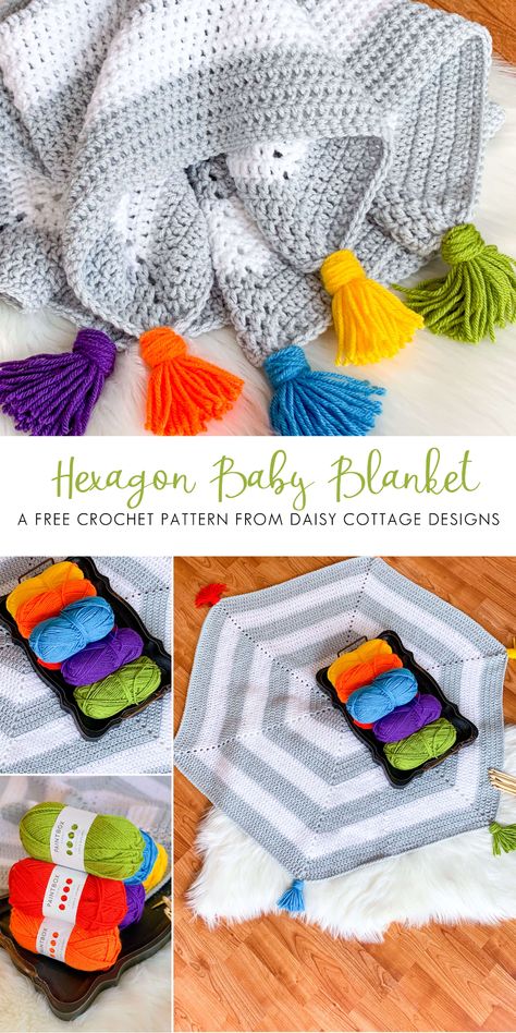 Hexagon Baby Blanket Crochet Pattern - Daisy Cottage Designs Daisy Cottage Designs, Crochet Hexagon Blanket, Hexagon Blanket, Hexagon Crochet Pattern, Hexagon Crochet, Daisy Cottage, Free Baby Blanket Patterns, Striped Baby Blanket, Cottage Designs