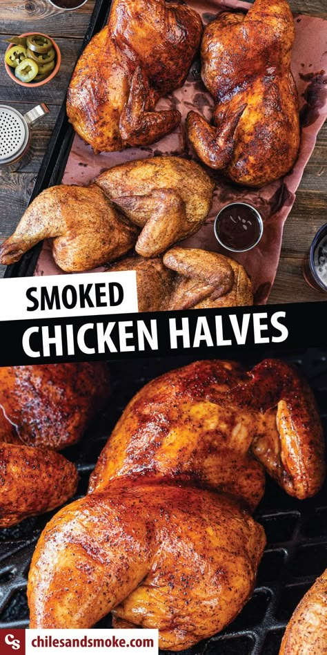 Smoked Chicken Pieces, Smoked Half Chicken Recipes, Smoked Chicken Halves Pellet Grill, Chicken On Smoker Grill, Smoked Chicken Halves, Smoked Barbecue Chicken, Chicken Halves Recipes, Smoked Half Chicken, Bbq Smoked Chicken