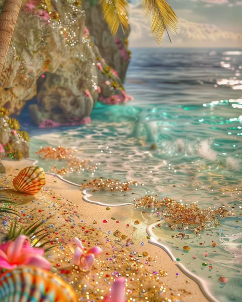 Unearthed a secret beach where the sand dreams in diamonds. ✨️ . . #beach #sun #jewels #art #ai #beautifulplaces #sea #spain #dreamlike Dreamy Beach, Fantasy Mermaids, Sea Stars, Diamond Beach, Gothic Garden, Mermaid Pictures, Ipad Background, Mermaid Aesthetic, Sea Sand