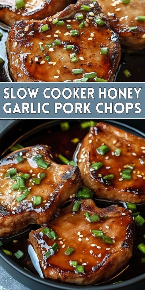 Slow Cooker Honey Garlic Pork Chops Ingredients: 4 boneless pork chops 1/2 cup honey 1/4 cup soy sauce 1/4 cup ketchup 4 cloves garlic, minced 1 teaspoon dried basil Salt and pepper to taste Fresh parsley, chopped (optional, for garnish) #slowcooker #porkchops #easyrecipes Pork Chops Slow Cooker, Honey Pork Chops, Honey Garlic Pork, Garlic Pork Chops, Garlic Pork, Honey Garlic Pork Chops, Honey Pork, Slow Cooker Pork Chops, Crockpot Pork Chops