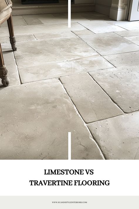 Trying to decide between limestone and travertine flooring for your home? Check out this pin for a detailed comparison! Discover the unique characteristics of each natural stone and get inspired with flooring ideas for your Scandinavian-style interiors. #limestone #travertine #flooring #naturalstone #ScandiStyleInteriors White Cabinets Stone Floor, Flooring Transition Ideas Kitchen, Bathroom Stone Floor Tile, Rustic Travertine Floors, Stone Effect Laminate Flooring, Natural Kitchen Floor Tiles, Limestone In Bathroom, Limestone Kitchen Flooring, Tumbled Limestone Bathroom Floor