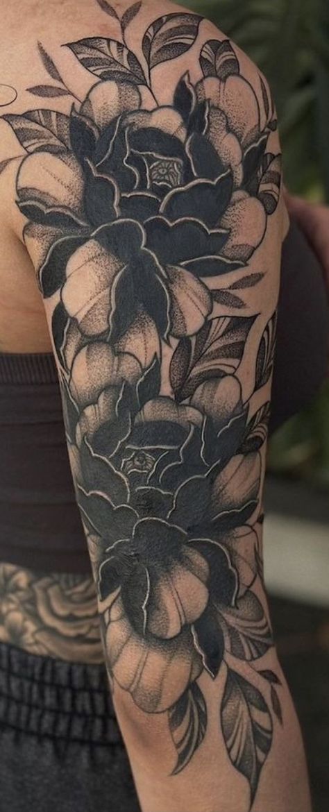 White And Black Flower Tattoo, Sleeve Tattoos With Flowers, Black Shaded Flower Tattoo, Floral Arm Tattoo Cover Up, Pumpkin Tattoo Sleeve, Darker Floral Tattoo, Black Lily Tattoo Cover Up, Heavy Black Floral Tattoo, Shaded Flowers Tattoo