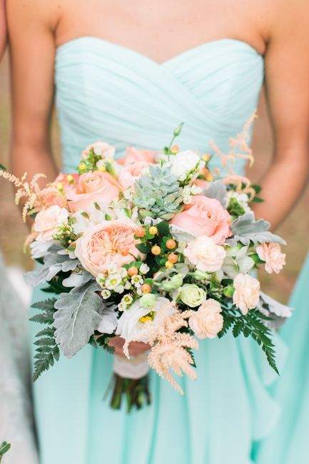 Tiffany Blue Bridesmaids, Tiffany Blue Bridesmaid Dresses, Peach Color Palettes, Summer Weddings Bridesmaids, Pastel Bouquet, Wedding Color Combos, Lowcountry Wedding, Wedding Color Inspiration, Summer Wedding Colors