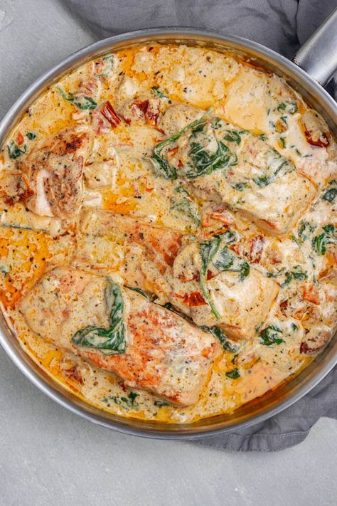 Creamy Tuscan Salmon Tuscan Salmon And Shrimp Pasta, Creamy Salmon And Rice, Tuscan Salmon Natasha’s Kitchen, One Pan Fish Recipes, Baked Tuscan Salmon, Salmon Mushrooms Recipes, Creamy Tuscan Sauce, Tuscan Salmon With Parmesan Cream Sauce, Tuscan Salmon Pasta Recipe