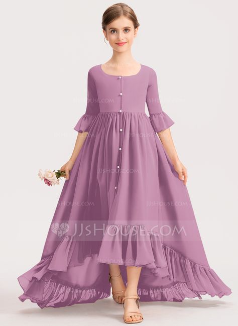 A-Line Scoop Neck Asymmetrical Chiffon Junior Bridesmaid Dress With Bow(s) Cascading Ruffles (009191718) - JJ's House Kids Bridesmaid Dress, Braidsmaid Dresses, Western Dresses For Girl, Girls Clothes Patterns, Frocks Design, Girls Long Dresses, Kids Frocks Design, Kids Dress Patterns, Girls Frock Design