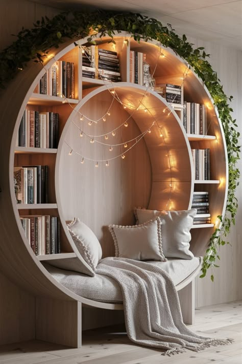 A magical reading nook set within a circular wooden alcove. With greenery accents, cascading fairy lights, and a neutral-toned background, it’s a serene and stylish retreat for book enthusiasts. #ReadingNook #CozyCorners #ModernMinimalism #BookshelfDesign #FairyLights #HomeLibrary #WhimsicalSpaces #InteriorInspiration #RusticModern #GreeneryDecor Library Aesthetic Home Decor, Arched Reading Nook, Reading Room Inspiration, Bedroom Book Nook Ideas, Book Area Ideas, Circle Bookshelf, Cozy Home Library Reading Space, Personal Library Ideas, Living Room Nook Ideas