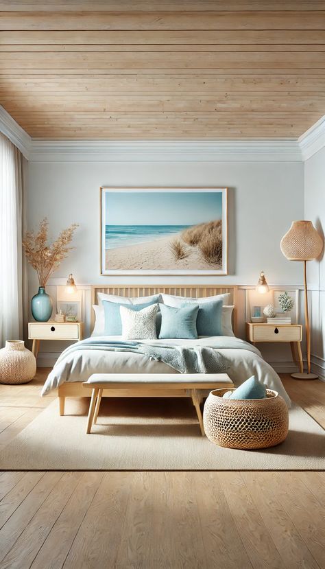 Transform your space with a serene home bedroom refresh! This calming coastal design showcases soft blues and natural textures that evoke tranquility. Perfect for creating a peaceful retreat. #BedroomGoals #InteriorDesign #HomeDecor Coastal Scandi Bedroom, Coastal Calm Bedroom, Calm Coastal Bedroom, Soothing Bedroom Ideas, Beachy Bedroom Ideas Coastal Style, Contemporary Coastal Bedroom, Coastal Beach House Interiors, Coastal Scandinavian Style, Neutral Coastal Bedroom