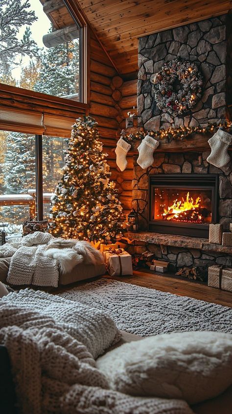 Christmas Cosy Aesthetic, Cozy Cabin Christmas Tree, Winter Cabin Christmas, English Cottage Winter, Christmas Forest Wonderland, Cozy Winter Cabin Aesthetic, Log Cabin Fireplace, Fireplace Winter, Cabin Christmas Decor