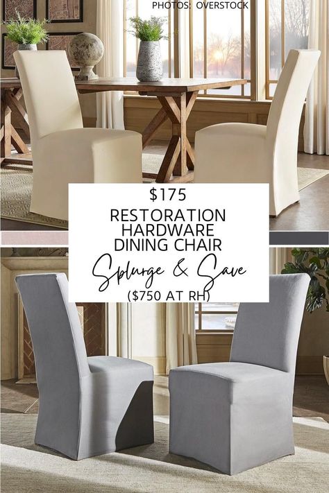 This Restoration Hardware Parsons slipcover dining chair dupe will get you the Restoration Hardware look for less. These neutral dining chairs would look amazing in a modern traditional or transitional living room. #farmhouse #seating #chairs #copycat #lookforless #budget #decor Restoration Hardware Look For Less, Pottery Barn Chair, Restoration Hardware Dining Table, Restoration Hardware Dining Room, Slipcover Dining Chair, Restoration Hardware Look, Modern Traditional Decor, Restoration Hardware Dining, Linen Slipcover