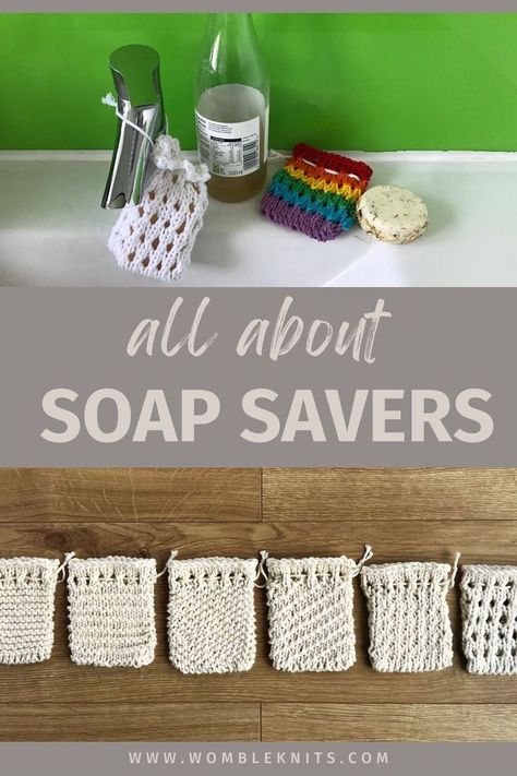 handknit cotton soap saver bags with a bar of shampoo soap and a bottle of cider vinegar for rinsing Diy Soap Saver Bag, Knit Soap Saver, Diy Soap Saver, Diy Soap Pouches, Soap Cozy, Soap Saver Bag, Knitted Gifts, Tote Crochet, Soap Pouches