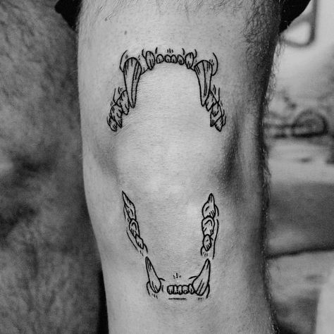 To be finished tomorrow ❤ Lion teeth #handpoked with love on @vandaluigi 's knee 🌚 Lion Jaws Tattoo, Lion Teeth Tattoo, Teeth Around Elbow Tattoo, Teeth Tattoo On Knee, Teeth On Knee Tattoo, Knee Teeth Tattoo, Animal Jaw Tattoo Knee, Cat Jaw Bone Tattoo, Canine Teeth Tattoo