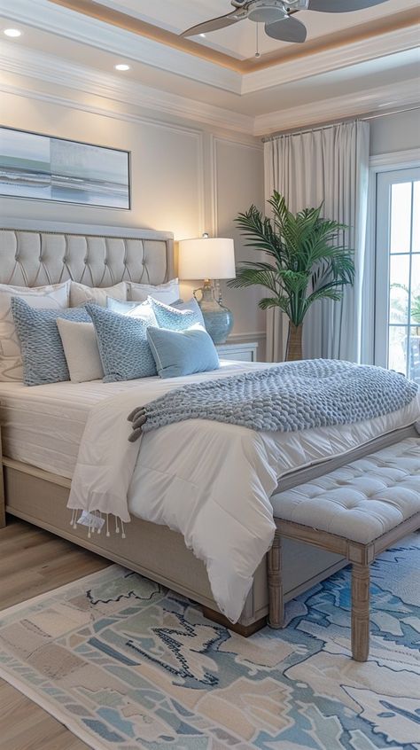 Modern Coastal Beds, White And Blue Bedroom Aesthetic, Blue And White Bedroom Aesthetic, Blue Bedroom Ideas Aesthetic, Coastal Bloxburg, Costal Bedroom, Coastal Bedroom Decor, Stylish Bedroom Ideas, Minimalistic Decor