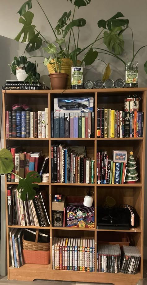 Light brown bookshelf. The bookshelf is one of those grided ones where each shelf is a square. 4 squares tall, 3 squares wide, 12 squares in total. fairly neatly organized. Lots of books and video games on their own compartments of the shelf. One shelf has a cute basket. A couple shelves have some plants, there is also larger plants ontop of the book shelf, aswell as some decorative coins? It looks very pretty overall. Mildly cottagecore. Bookshelf Maximalist, Diy Vintage Bookshelf, Book Case Decorating Ideas Display, Wooden Bookshelf Aesthetic, Trinket Bookshelf, Small Apartment Library, Bookcase Styling Bedroom, 70s Bookshelf, Brown Bookshelf Decor