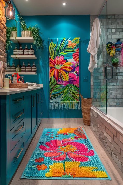 Vibrant Decor Interiors, Boho Colorful Bathroom, Bright Colorful Bathroom Ideas, Turquoise And Yellow Bathroom, Colorful Home Aesthetic, Bright Color Interior Design, Turquoise Bathroom Ideas, Magenta Bathroom, Bright Bathroom Ideas