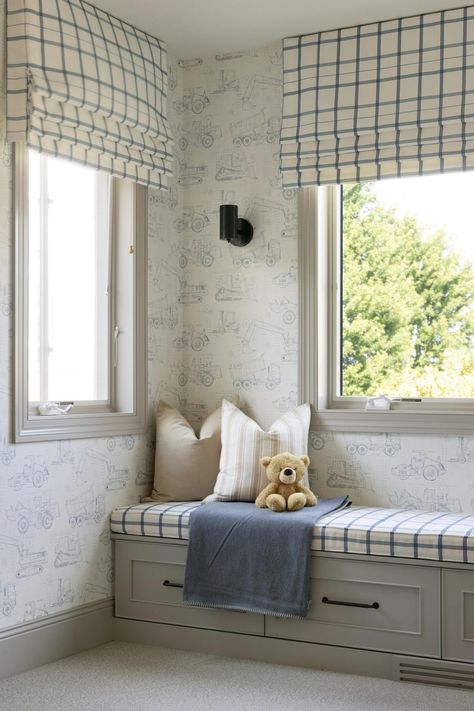 Rochester Project Kids' Rooms | Bria Hammel Interiors Cornice Board Nursery, Bench In Front Of Window, Studio Mcgee Nursery, Navy Boys Room, Classic Boys Room, Classic Boy Nursery, Clay Bedroom, Vintage Playroom, Benjamin Moore Bedroom