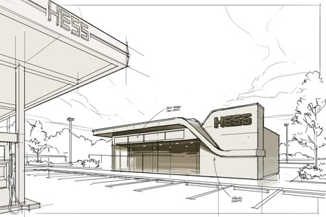 DAVE PINTER | Hess – Prototype Convenience Store Architecture Convenience Store Exterior Design, Carwash Design Architecture, Convenience Store Exterior, Modern Cafe Exterior, Drive Thru Design, Architectural Vocabulary, Store Exterior Design, Convenience Store Design, Architecture Symbols