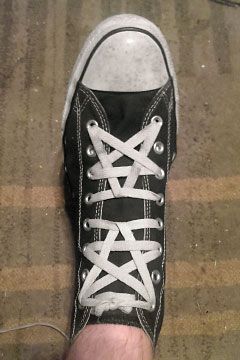 Black Converse hi-tops with white trim and white Pentagram Lacing (from Zachariah K). Both a regular and an inverted Pentagram squeezed into one shoe. Inverted Pentagram, Black Converse, Shoe Lace Patterns, Shoe Lace, White Trim, Lace Patterns, Converse Shoes, Converse, Trim