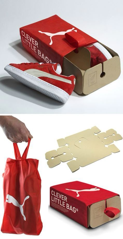 Multi Use Packaging, Reusable Packaging Design, Puma Bag, Shoe Packaging, Shoe Box Design, Clever Packaging, Smart Packaging, Innovative Packaging, Clothing Packaging