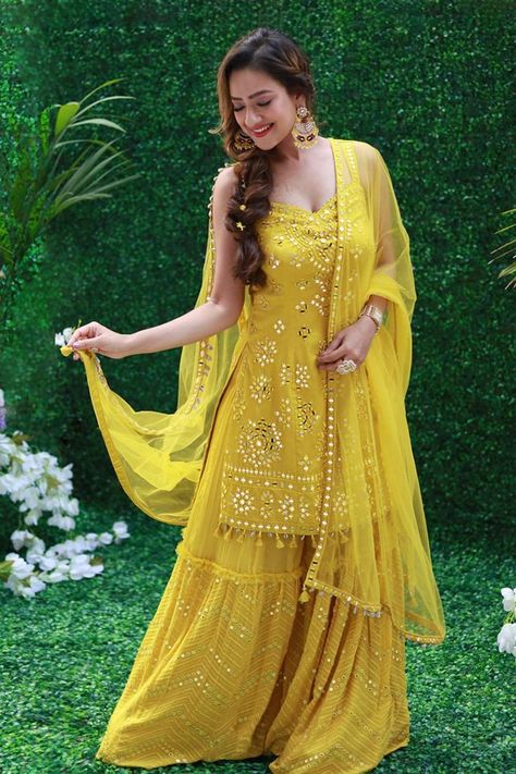 Yellow Georgette Sunshine Kurta Sharara Set - Yellow kurta with resham & mirror work embroidery Yellow Suit Indian Haldi, Yellow Sharara For Haldi, Orange Sharara, Yellow Sharara Suits, Archana Kochhar, Yellow Sharara, Suits For Women Indian, Wedding Mehendi, Sheer Dupatta