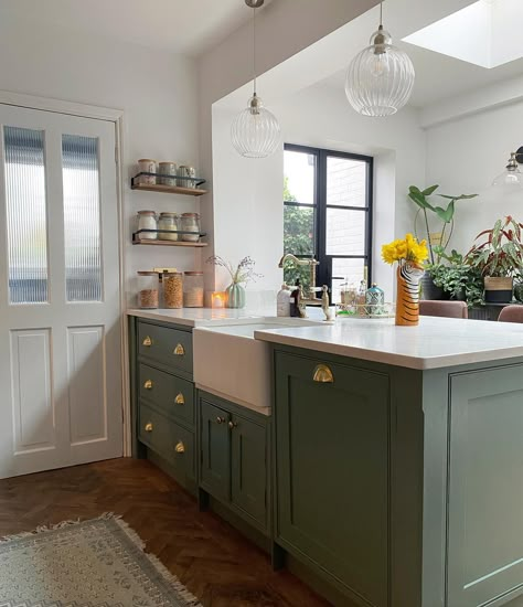 Sage Green Kitchens, Chalk Paint Furniture Ideas, Laundry Kitchen Combo, Paint Furniture Ideas, Edwardian Kitchen, Calm Coastal, Kitchen Open Shelves, Flooring Types, Floor Work