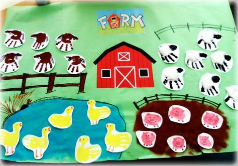 Down By The Farm Crafts, Farm Art For Kindergarten, Farm Activities Infants, Hand Print Farm Animals, Handprint Farm Animals Preschool, Kindergarten Farm Crafts, Farm Handprint Art, Infant Farm Activities, The Farm Activities For Preschool