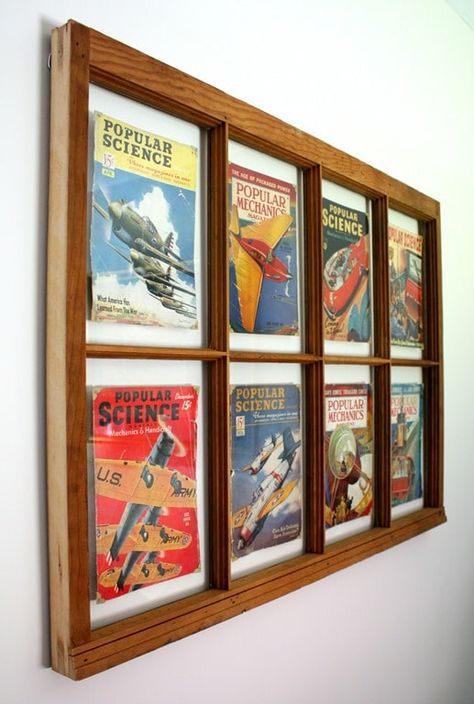 How to Display Vintage Magazine Covers in a Window - Learn how to display magazine covers using an old window. #upcycledproject #vintagepopularmechanics #vintagepopularscience #popularmechanicsmagazine #popularsciencemagazine Vintage Magazine Covers, Magazine Wall Art, Popular Mechanics Magazine, Magazine Display, Magazine Wall, Window Wall Decor, Vintage Window, Collage Diy, Diy Display