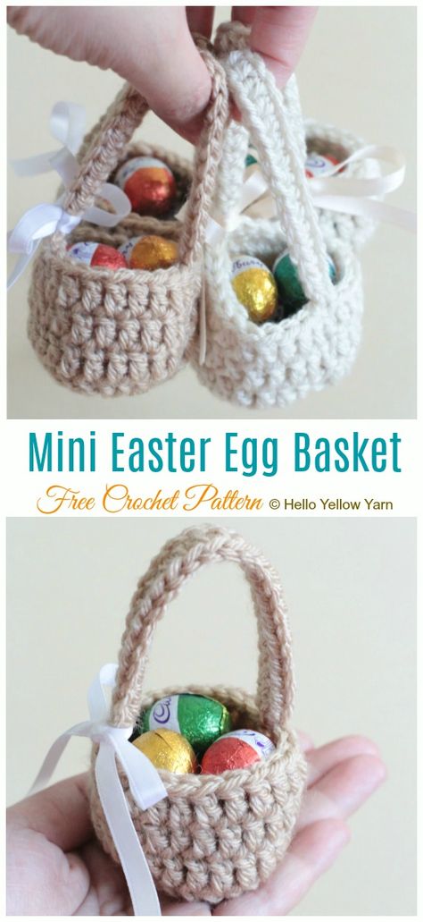 Mini Easter Egg Basket Crochet Free Pattern - Mini #Easter; Treat #Basket; Free Crochet Patterns Crochet Easter Basket Pattern, Easter Crochet Patterns Free, Easter Basket Pattern, Mini Easter Basket, Crochet Easter Basket, Crochet Basket Pattern Free, Treat Basket, Crochet Easter, Crochet Chicken