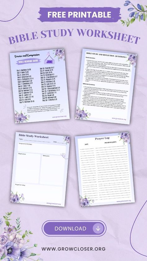 Free printable Bible study worksheet bundle about Service and compassion Bible Study Basket, Bible Study Lessons Free Printable, Free Printable Bible Study Worksheets, Free Bible Study Printables Worksheets, Printable Bible Study Worksheets, Bible Study Schedule, Free Bible Journaling Printables, Bible Reading Guide, Scripture Plans