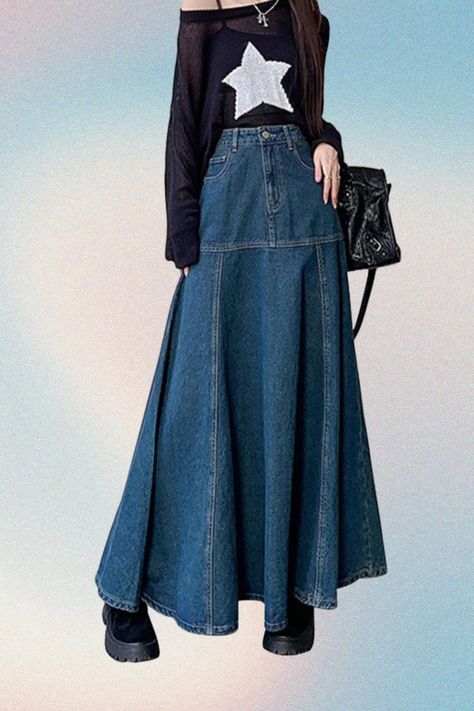 Versatile chic denim skirt. Button with zipper closure,2 pockets,pleated big hem flared flowy denim jean skirt,casual umbrella swing maxi flowy skirt,a-line sihouette,full length denim skirt, below the knee length, cute skirts for women. Simply Design, Suitable for any occasion. #amazon #amazonfinds #amazonbestsellers #maxiskirt #denim #jean #longskirt #darkblue Jean Skirt Maxi, Flowy Denim Skirt Outfit, Jean Skirt Long Outfits, Maxi Skirt Jeans, Flared Denim Skirt Outfit, Flowy Maxi Skirt Outfit, Flowy Denim Skirt, Crochet For School, Jean Pleated Skirt