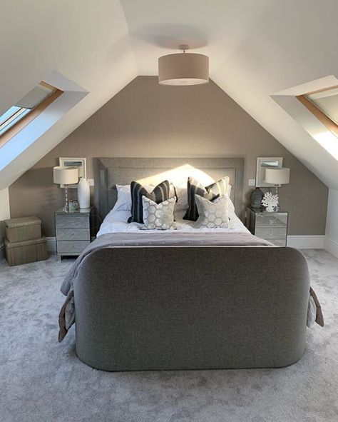 We are loving this beautiful loft conversion by @mrsvictoriabaker_athome the windows either side of the room let in so much natural light and the colour scheme and accessories work together perfectly!  #loverenovate #renovation #renovating #toptips #interiorlover #loftconversion #naturallight #greycarpet #loftconversioninspiration Loft Bedroom Decor, Loft Room Ideas, Loft Conversion Bedroom, Attic Bedroom Designs, Attic Loft, Attic Bedrooms, Attic Remodel, Loft Room, Attic Bedroom