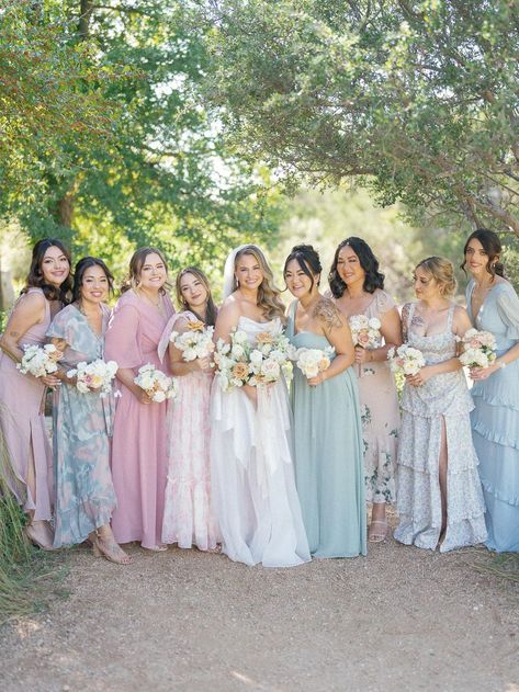 Looking for pastel bridesmaid dresses? These mismatched bridesmaids in shades of pink green and blue are stunning!  See the the full gallery on Style Me Pretty's blog!Photography: Paige Vaughn Photo (http://www.paigevaughnphoto.com) Green Blue Purple Bridesmaid Dresses, Pink Green And Blue Bridesmaid Dresses, Blue And Pink Bridesmaid Dresses, Pink And Blue Bridesmaid Dresses, Pastel Bridesmaid Dresses Mismatched, Spring Wedding Bridesmaids Dresses, Blue And Pink Wedding Theme, Pastel Colour Bridesmaid Dresses, Mirco Wedding