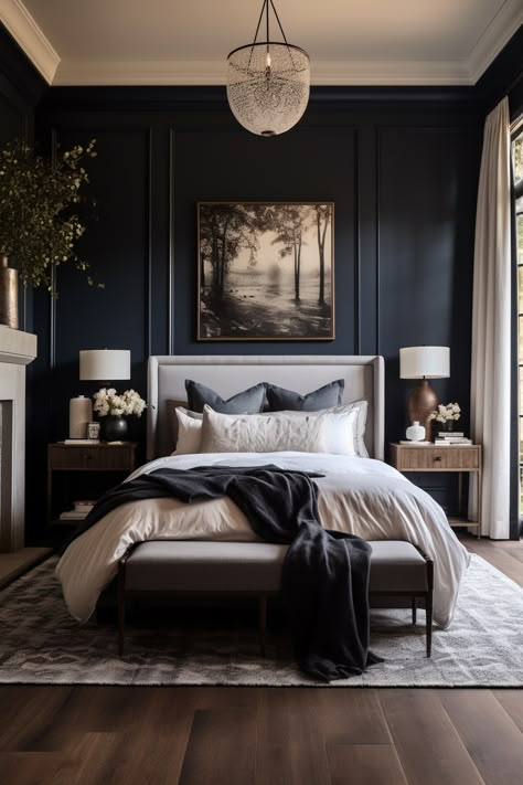 40+ Moody Romantic Bedroom Ideas To Unwind In Relaxing Blue Bedroom Ideas, Beautiful Master Bedrooms Romantic, Dark Interior Bedroom Design, Dark Hotel Room Aesthetic, Master Bed Design Ideas, Pics Of Bedrooms, Modern Bedroom Dark, Dark And Moody Master Bed, White Bed Dark Walls